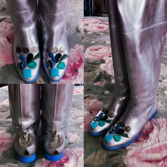 Custom Silver & Blues Leather Boots